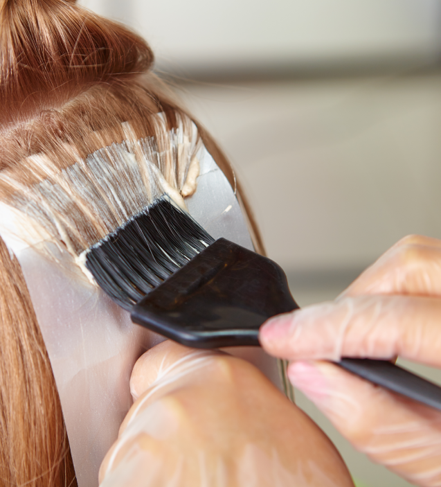 Woman getting hair color applied with brush.